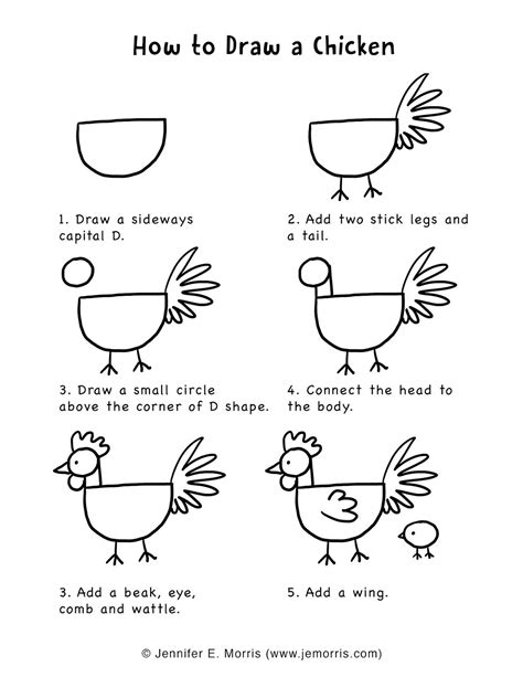 How to draw a chicken - First draw two curved lines that connect the head to the body to form the neck. Then draw an angled, triangle- like line on the top, right side of the body as a guide for the hen's tail. Step 7: Under the hen's body, draw two angled lines as guides for the legs. The lines should be similar to a backward letter L.